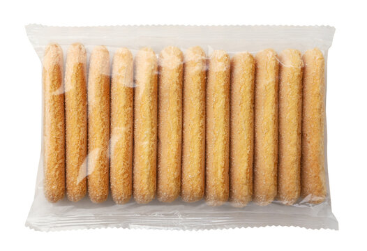 Savoiardi cookies in the package isolated on a white. Top view