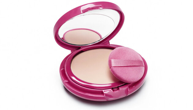 Open pink compact powder case with a small mirror and soft makeup puff applicator