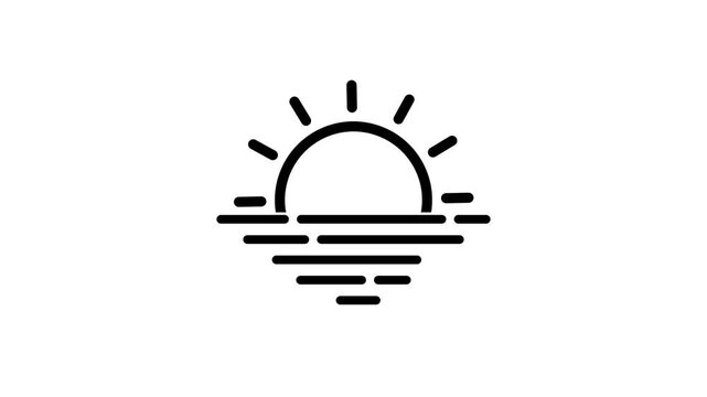 Sunrise icon with rising sun above calm horizon lines, simple black outline symbol for morning, weather, nature, travel, landscape, sunset, minimal 4k animation .