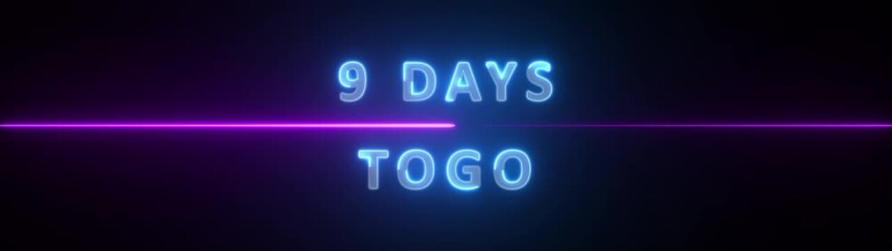 Neon Nine Days Countdown Text Glowing Blue and Purple, Representing Time Duration, Deadline, Schedule, Future Event, Planning, Reminder, Time line, and Digital Announcement , 4k animation .