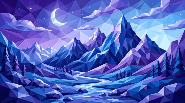 Low poly geometric mountain landscape at night with crescent moon
