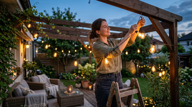 Woman hanging string lights on patio during twilight in backyard  
