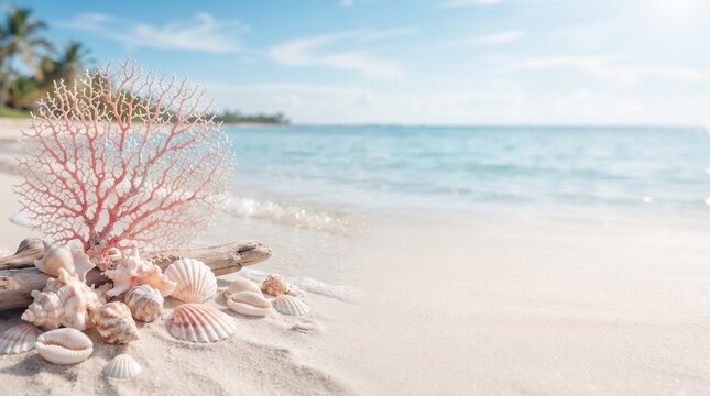 Beautiful tropical beach scene featuring a bright pink coral branch and various seashells resting on clean white sand with calm turquoise ocean water background view