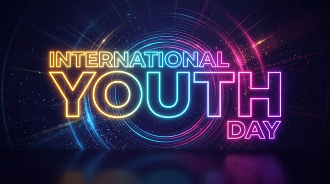 International Youth Day neon typography, vibrant glowing text on dark background, colorful futuristic light effects for social media