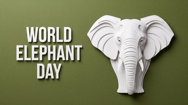 World Elephant Day banner with white paper cut elephant head, conservation awareness poster on green background, wildlife protection concept