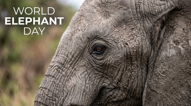 World Elephant Day banner with close-up of African elephant, textured grey skin of wild elephant, wildlife conservation awareness poster