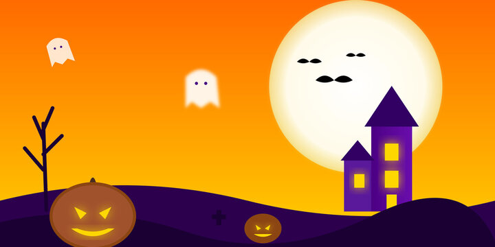 Spooky halloween night scene with haunted house with floating ghosts on transparent background