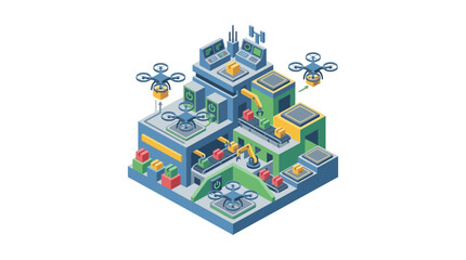 Fototapeta premium Smart City Drone Delivery Over Isometric Urban Buildings