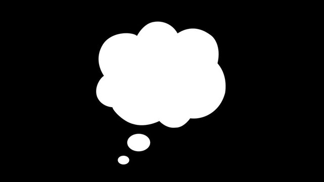thinking chat speech bubble animated video. Animated thought bubble pop-up, cartoon comic cloud speech balloon outline, bold white chat bubble for text on black background.