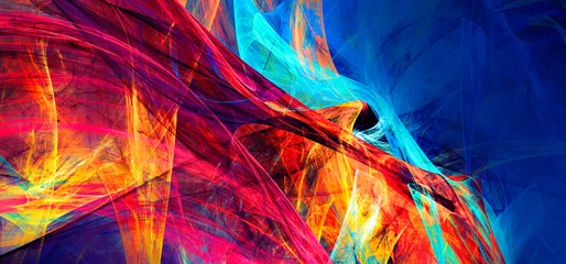 Vibrant abstract background with dynamic fiery orange, red and deep blue smoke waves. Modern digital art illustration featuring colorful chaotic brush strokes and glowing energy lines. Fractal artwork © Alena