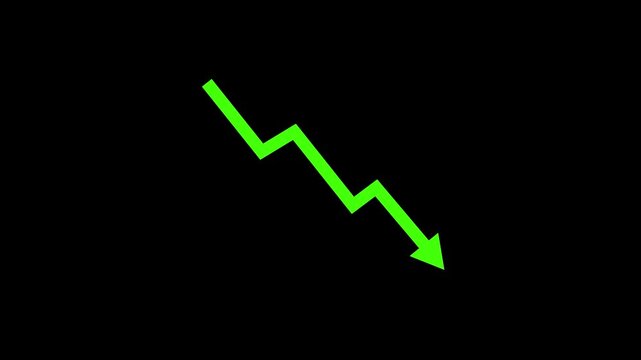 Red downward, decline, loss, decrease trend arrow symbol animated video. Animated falling red arrow representing economic recession on a clean green screen background for compositing use.4k 