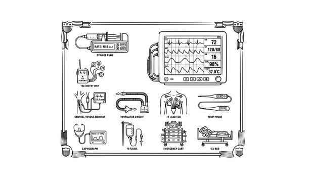 ICU patient monitor icons vector intensive care equipment set continuous vital signs telemetry ecg syringe pump medical devices outline illustration