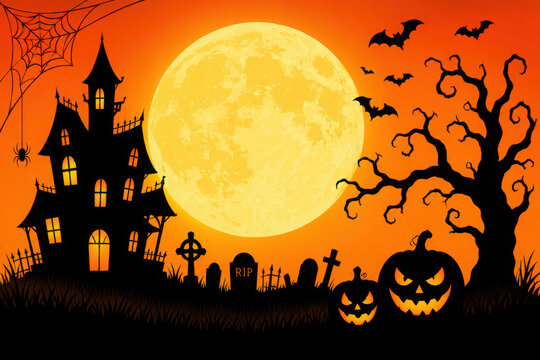 Halloween Spooky Nighttime Scene Horizontal Background