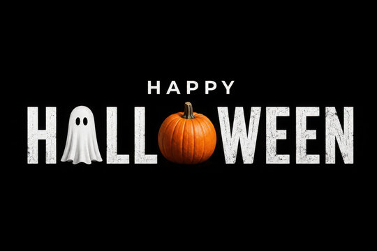Happy Halloween Distressed Text with Pumpkin and Ghost Over Black Background