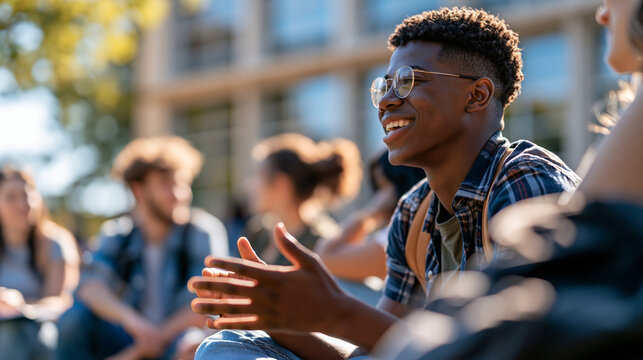 Cropped side view of a teenage boy gesturing while speaking to a group outdoors on a bright clean well lit campus lively discussion concept classmates friendship education