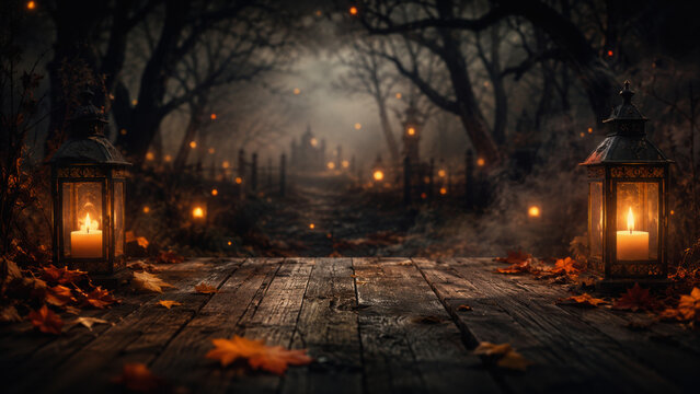 Spooky halloween background with empty wooden planks, dark horror background.