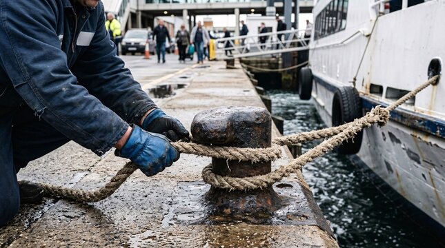 A dock worker's hands securing a heavy mooring rope to a rusty metal bollard on a concrete pier to tie up a white passenger boat.