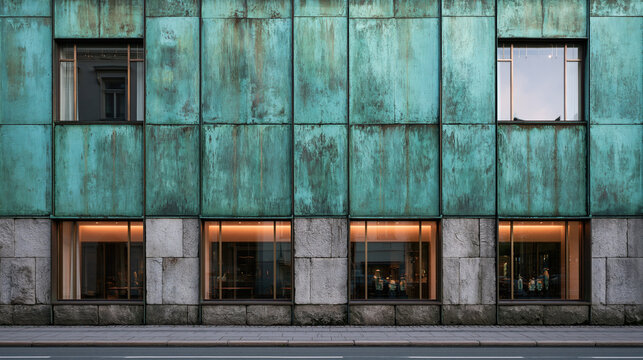 Modern Building Facade with Oxidized Copper Cladding and Windows