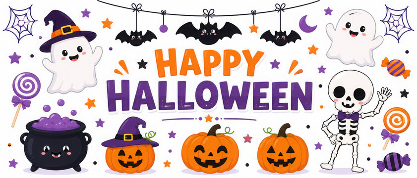 Happy Halloween day element background vector. Cute collection of spooky ghost, pumpkin, bat, candy, moon, skull, spider, cat, worm. Adorable halloween festival elements for decoration, prints.