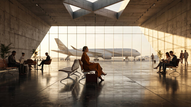 Business Travelers Waiting in Modern Airport Terminal Lounge