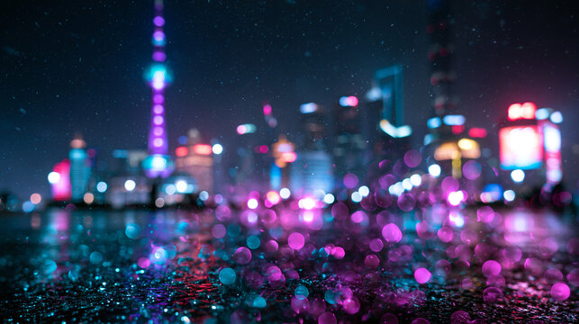Futuristic Cyberpunk City Skyline Bokeh Lights Reflection at Night
