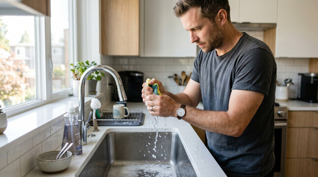 Young man washing dishes in a modern kitchen with bright natural light  