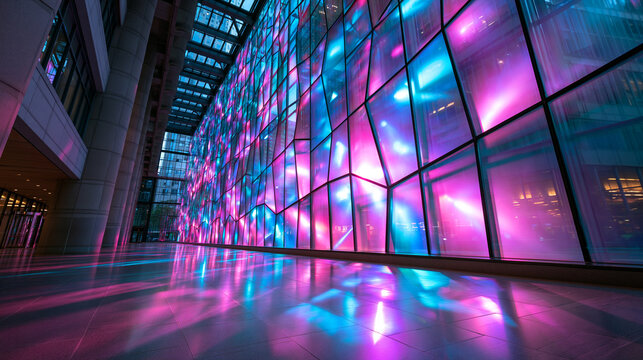 Futuristic Architectural Interior with Glowing Colorful Glass Wall