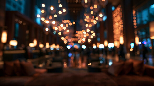Blurred Luxury Hotel Lobby with Warm Bokeh Lights Background