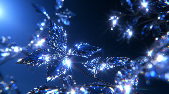 Sparkling Crystal Leaves Glowing in Dark Blue Light