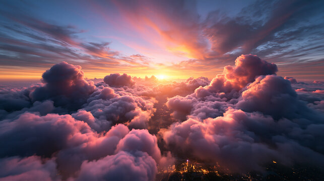 Dramatic Sunset Above Clouds with City Lights Below