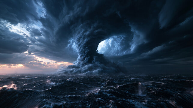 Powerful Waterspout and Tornado Over Stormy Ocean