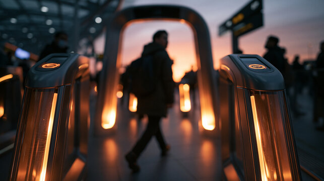Commuter Passing Through Modern Ticket Gate at Transit Station