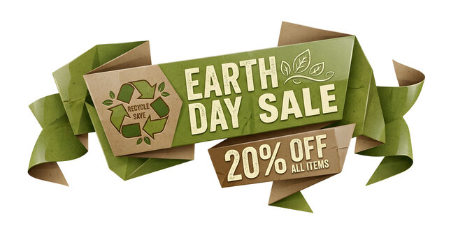 Earth Day Sale promotional banner with % off all items, featuring a green ribbon, recycle symbol, and leaf graphics on a transparent background featuring eco-friendly, isolated, cutout and png