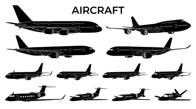 Set of Aircraft Silhouettes Featuring Commercial Jets and Private Airplanes Isolated on White Background
