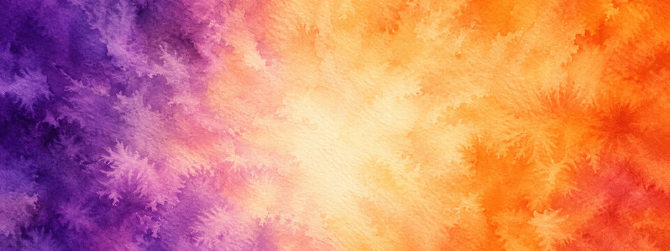 Watercolor background in tie dye style, in orange and purple for halloween decoration.