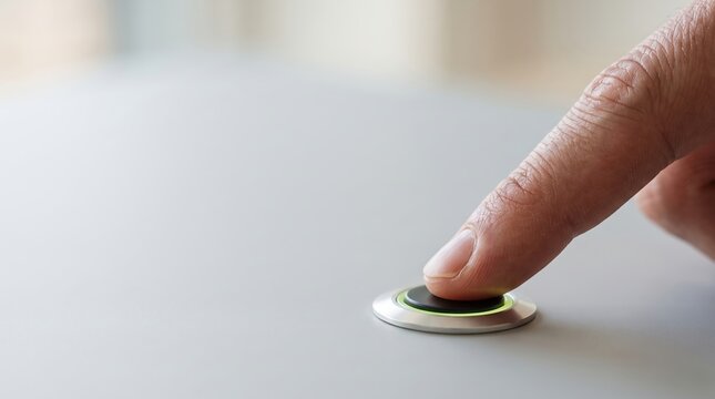 Finger pressing a button on a white surface