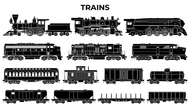 Train and Railway Car Silhouettes Set, Steam and Diesel Locomotives Isolated