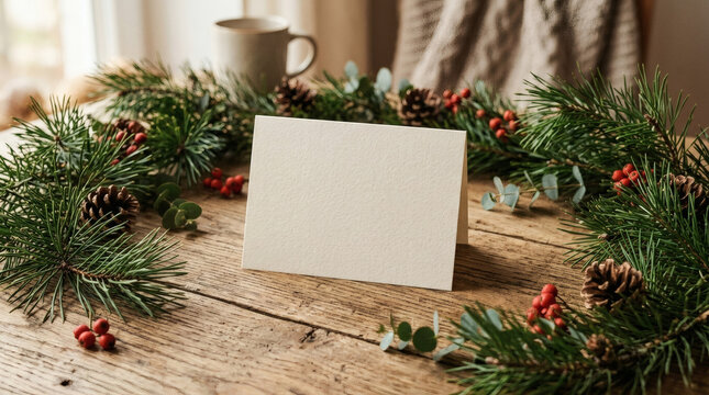 A blank Christmas card rests on a rustic wooden table surrounded by a festive wreath of pine needles and pinecones with a cup of coffee nearby.
