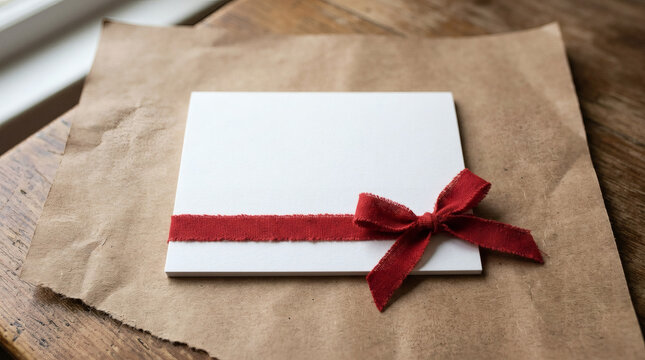 A white card is elegantly tied with a red textured ribbon and bow, resting on a piece of crumpled brown paper on a wooden surface.