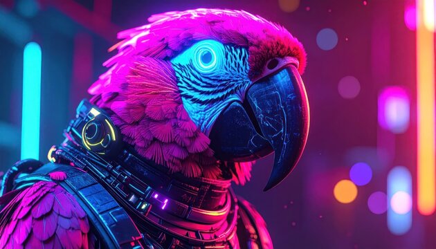 Cyberpunk parrot with mechanical armor in neon city.