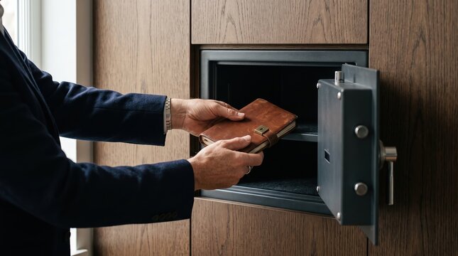 Professional placing documents securely inside a wooden bank safe