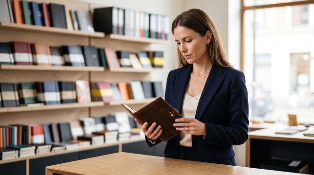Professional woman in office setting with notebook