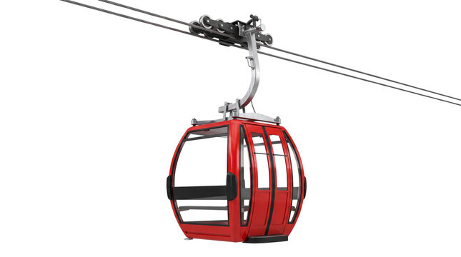 Red Gondola Lift Cable Car Isolated on White Background PNG Cutout 3D Rendering for Ski Resort Travel Transport Design