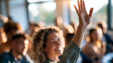 Fototapeta premium Rear view of happy students participating in a bright clean well lit classroom discussion education concept teamwork engagement communication learning diversity