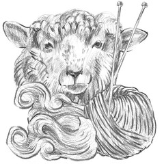 Pencil sketch of a sheep head combined with a yarn ball, knitting needles, and twisted wool fleece. Great for cozy farmhouse decor, wool shop branding, and craft patterns.