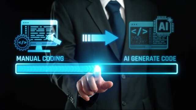 Conceptual Representation of Transition from Manual Coding to AI-Generated Code with Futuristic Visualization and Business Suit Context. Liminal.