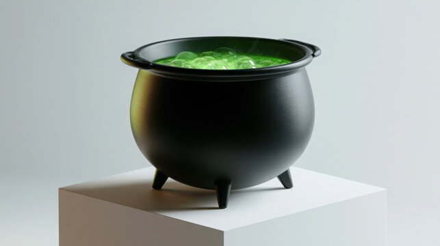 Black witch cauldron with green potion on a white pedestal  