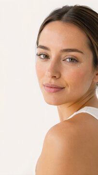 Woman with subtle rhinestone eye makeup on white background