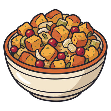 Bowl of stuffing, Thanksgiving Harvest vector illustration.