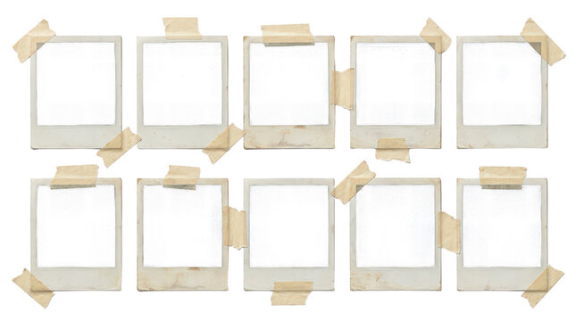 Set of ten vintage polaroid frames with tape isolated on transparent background